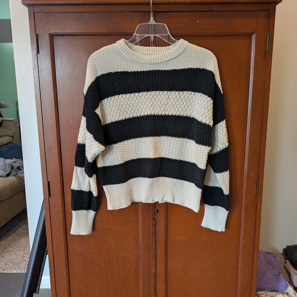 Black and Cream Striped Chunky Knit Sweater